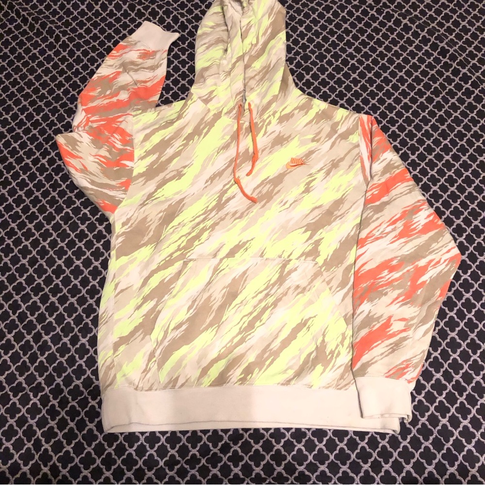 Nike Hoodie Mens Medium Gray Lime Green Pink Pattern Pullover Fleece Hoodie A11